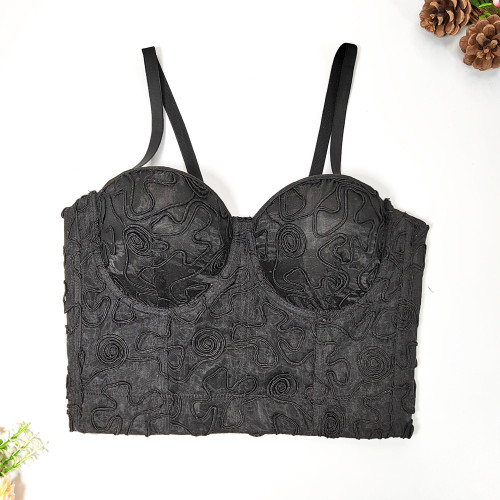 Vintage Maze Curve Embroidered Fish Bone Strap Slim Fit Open Back Elegant Shaped Top with Steel Ring Organza Bra