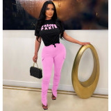 Pleated Split Pants, Terry Letter Fashion Two Piece Set