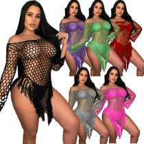 Solid Knitted Hollow Tassel Beach Skirt