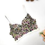 3D Flower Beaded Strap Tank Top Elegant and Elegant Short Style Detachable Shoulder Strap Bra Sexy Large Open Back Chest