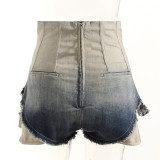 Small Fashion Fishbone High Waist Gradient Feet Edge Design Pocket Leakage Personalized Denim Shorts