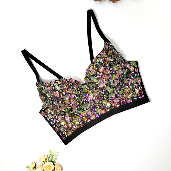 3D Flower Beaded Strap Tank Top Elegant and Elegant Short Style Detachable Shoulder Strap Bra Sexy Large Open Back Chest