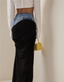 Long denim skirt with black pleated stitching design