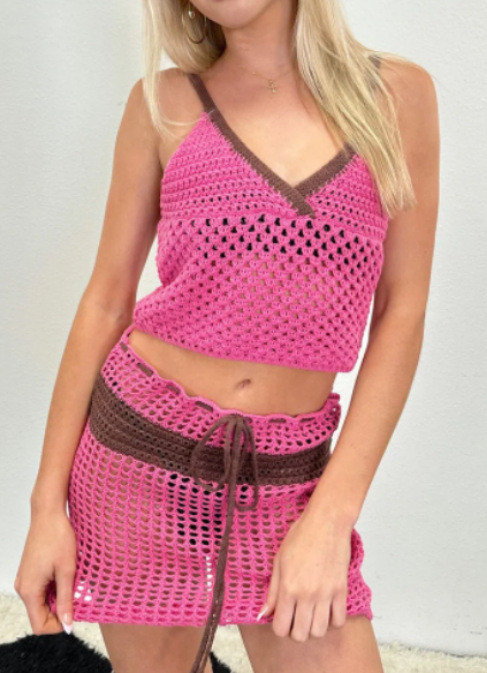 Women's V-neck sleeveless open navel vest sexy perspective short skirt two-piece set