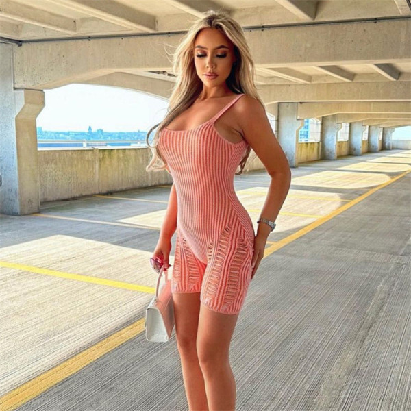 Fashionable contrast knit low neckline pierced high waisted tight jumpsuit