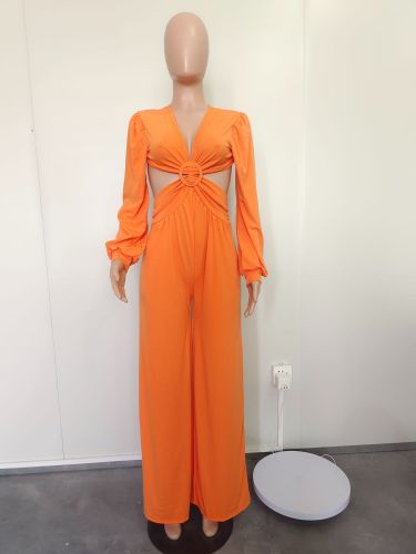 Sexy solid color long neck jumpsuit with three colors available