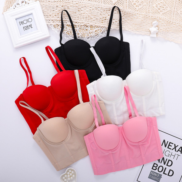 Large suspender vest without underwear Spicy girl top Women's short open belly button sexy fishbone bra solid color