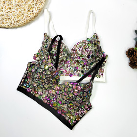 3D Flower Beaded Strap Tank Top Elegant and Elegant Short Style Detachable Shoulder Strap Bra Sexy Large Open Back Chest