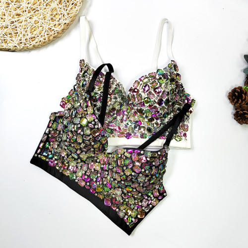 3D Flower Beaded Strap Tank Top Elegant and Elegant Short Style Detachable Shoulder Strap Bra Sexy Large Open Back Chest