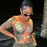 Printed tight round neck short sleeved short T-shirt top