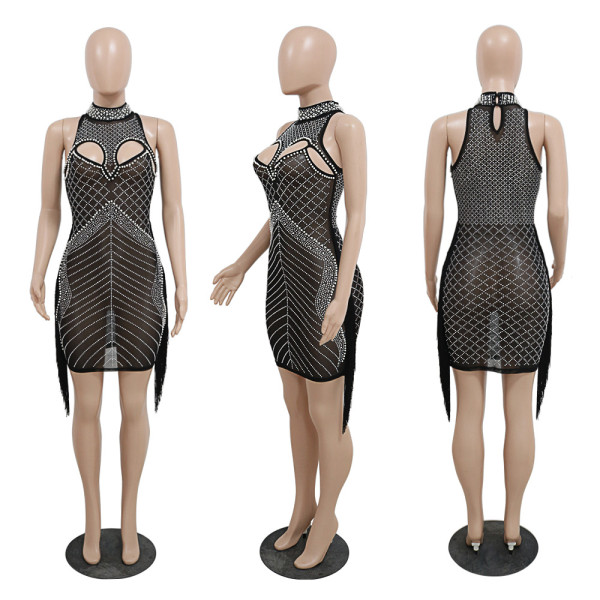 Sexy Perspective Hot Diamond Dress Fashionable Tassel hem Wrapped Hip Slim Fit Dress