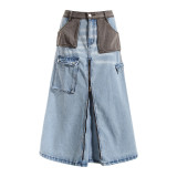 Design contrast color patchwork A-line skirt mid length 7-point skirt