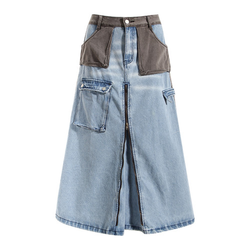 Design contrast color patchwork A-line skirt mid length 7-point skirt