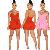 Women's suspender two-piece set of wooden ear lace up shorts set