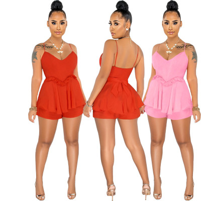Women's suspender two-piece set of wooden ear lace up shorts set
