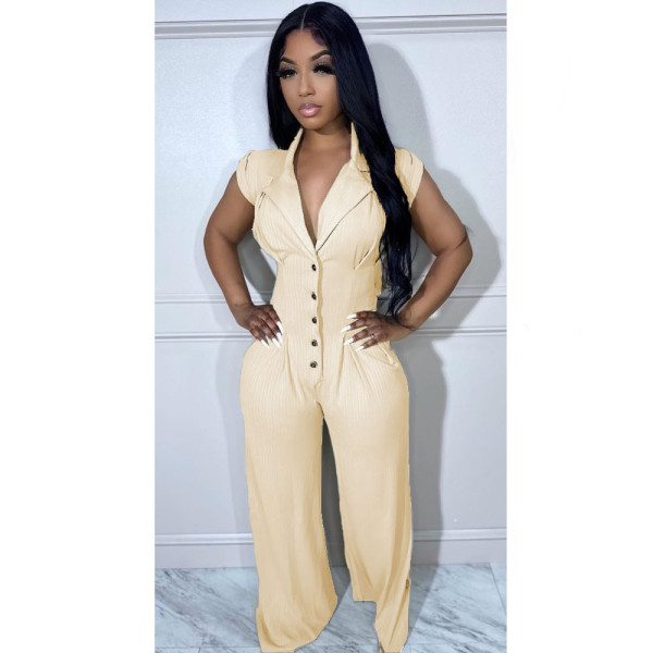 Button rubber band short sleeved standing neck wide leg jumpsuit