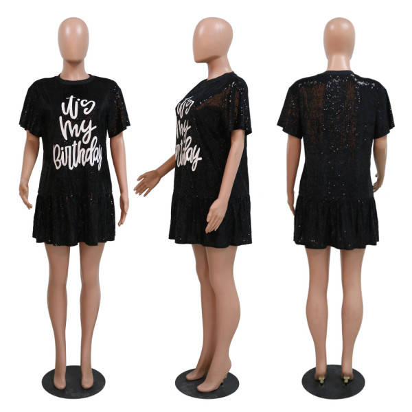 Fashionable round neck short sleeved dress with lotus hem