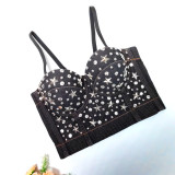 Trendy denim studded bead strap with steel rings and fish bones wrapped around the body, small stars and diamond bra