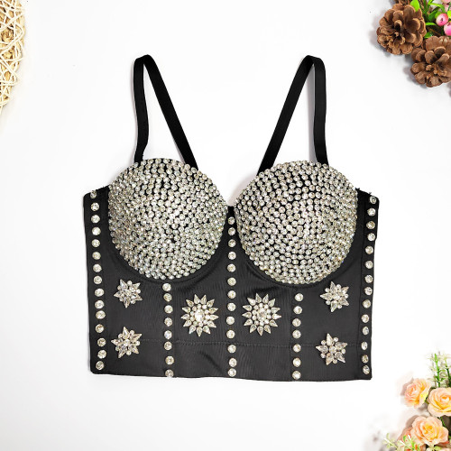 Suspended Tank Top Slim Fit Night Club Night Show Women's Bras Sexy Spicy Girl Nail Bead Fish Bone Top