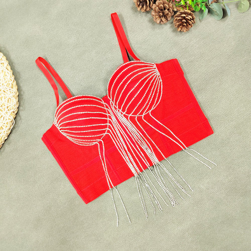 Diamond chain tassel suspender small vest breathable solid color mesh bra for women detachable shoulder strap