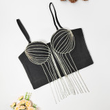Diamond chain tassel suspender small vest breathable solid color mesh bra for women detachable shoulder strap