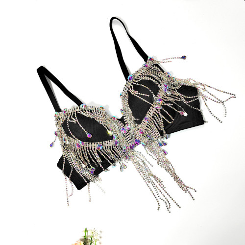 Sexy Open Back Wrapped Chest Ultra Short Strap Heavy Work Beaded Underwear Tassel Rhinestone Triangle Cup Fish Bone Chest