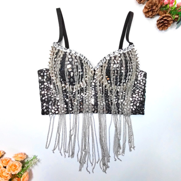 Rock and roll style sequin tassel suspender with steel ring corset short sexy spicy girl nightclub bra stage vest