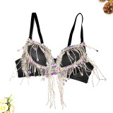 Sexy Open Back Wrapped Chest Ultra Short Strap Heavy Work Beaded Underwear Tassel Rhinestone Triangle Cup Fish Bone Chest