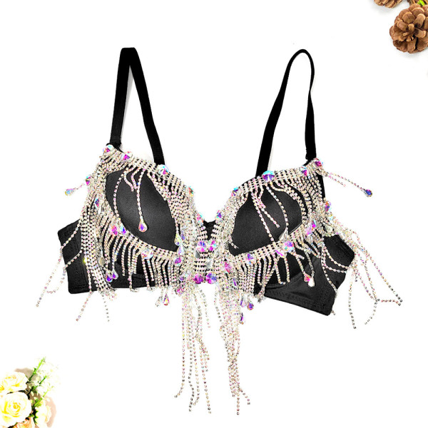 Sexy Open Back Wrapped Chest Ultra Short Strap Heavy Work Beaded Underwear Tassel Rhinestone Triangle Cup Fish Bone Chest
