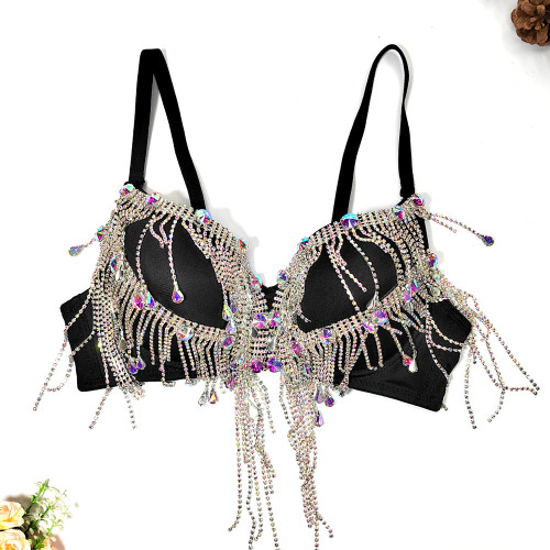 Sexy Open Back Wrapped Chest Ultra Short Strap Heavy Work Beaded Underwear Tassel Rhinestone Triangle Cup Fish Bone Chest