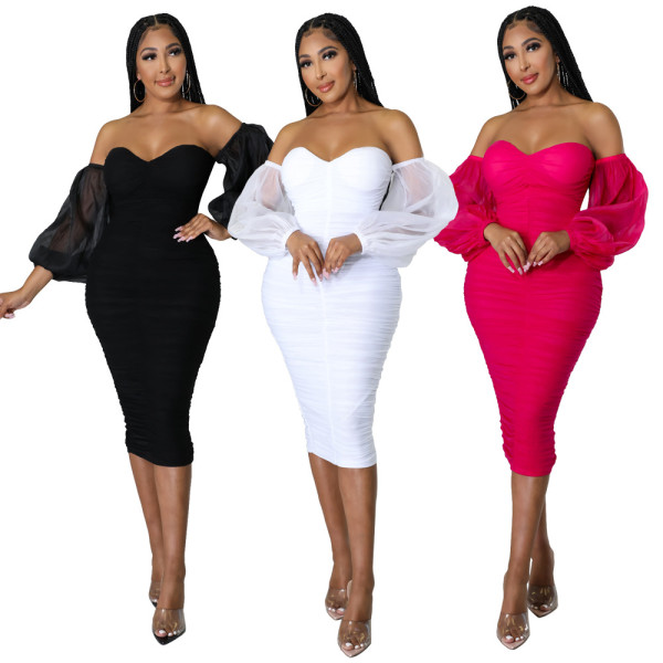 Women's tight fitting mesh pleated long sleeved solid color dress