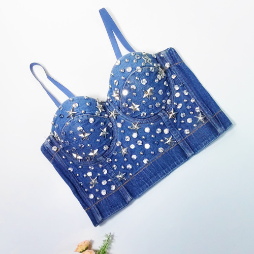 Trendy denim studded bead strap with steel rings and fish bones wrapped around the body, small stars and diamond bra