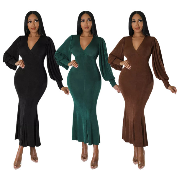 Long sleeved V-neck slim fitting temperament waistband dress autumn and winter women's dress