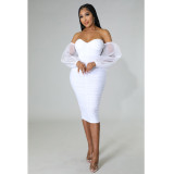 Women's tight fitting mesh pleated long sleeved solid color dress