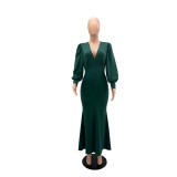 Long sleeved V-neck slim fitting temperament waistband dress autumn and winter women's dress