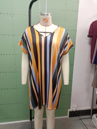 Large Women's Dress with Striped Bat Sleeve Tunic Dress