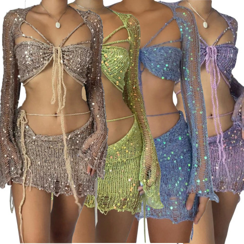 Beaded Knitted Sweater Three Piece Set