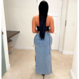 Personalized denim wash split skirt