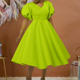 Fashion V-neck Bubble Sleeve Large Dress