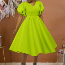 Fashion V-neck Bubble Sleeve Large Dress
