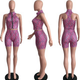 Printed zippered vest set sports two-piece set