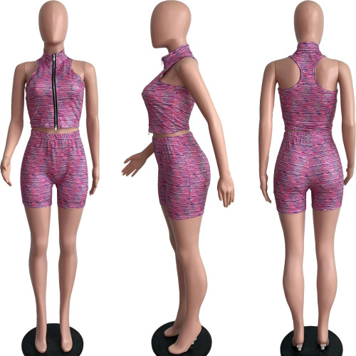 Printed zippered vest set sports two-piece set