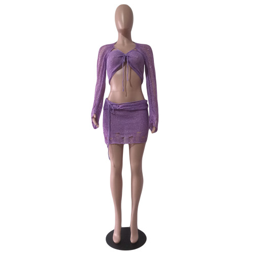 Beaded Knitted Sweater Three Piece Set