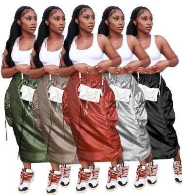 Solid Reflective Elastic Waist Pocket Loose One Step Dress
