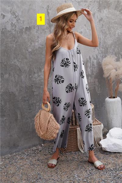 Women's suspenders, straps, printed jumpsuit, jumpsuit pants