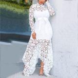 Lace Hollow Long Sleeve Standing Neck Lace Up 5 Color Irregular Dress