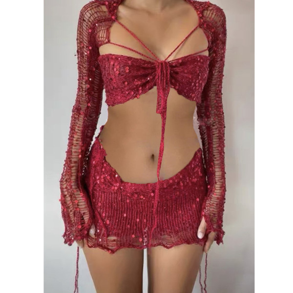 Beaded Knitted Sweater Three Piece Set