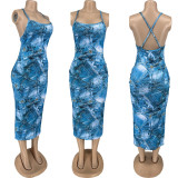 Women's sexy denim printed drawstring dress