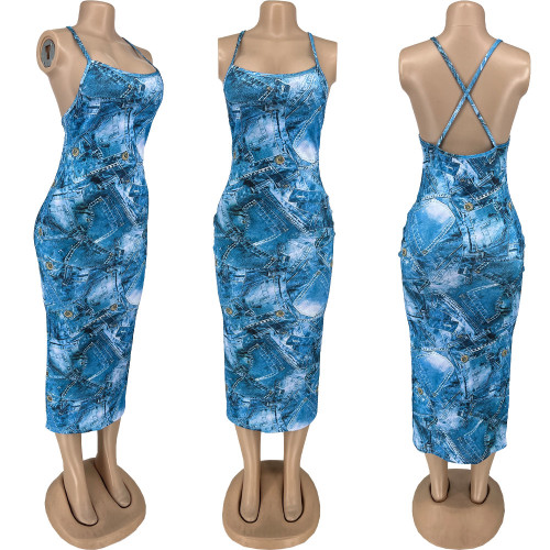 Women's sexy denim printed drawstring dress