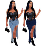 Personalized denim wash split skirt